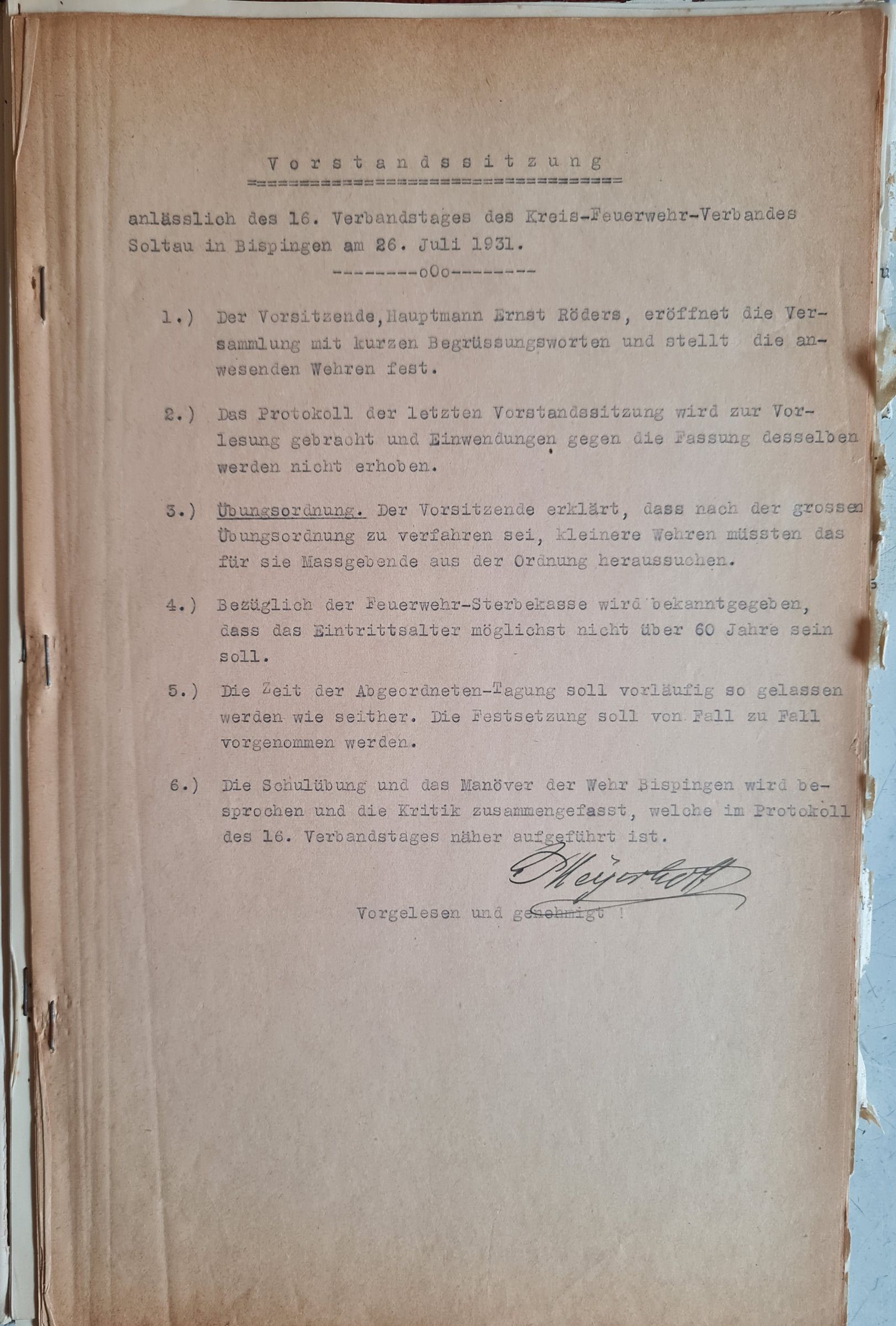 Protokoll Vorstandssitzung 1931